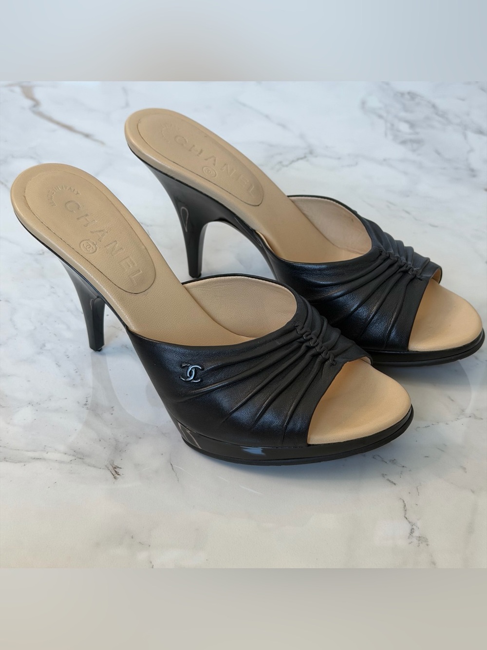 Authentic Chanel CC Logo Black Ruched Leather Open Toe Platform Mules